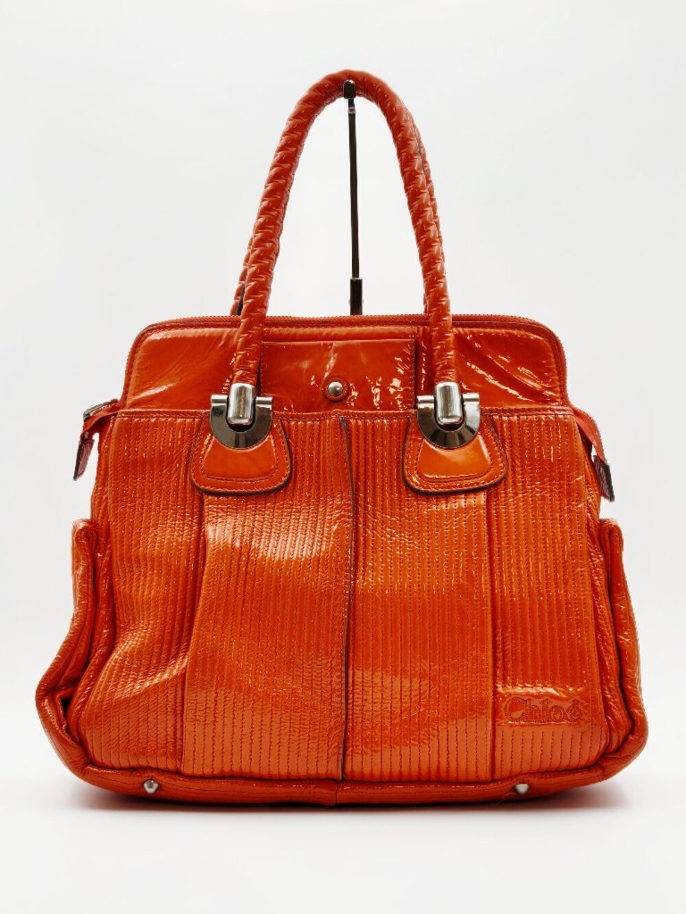 Chloe Vintage Orange Patent Leather Large Satchel Tote Shoulder Handbag Y2K